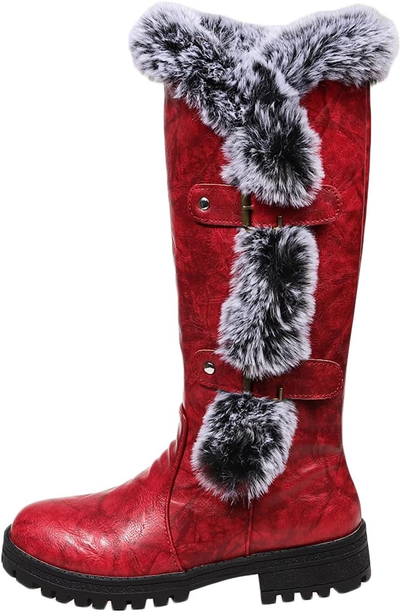 Women's Solid Color Snow Boots, Fashionable Slip-on Plush Lined Winter Boots, Leather Comfortable Mid-calf Boots