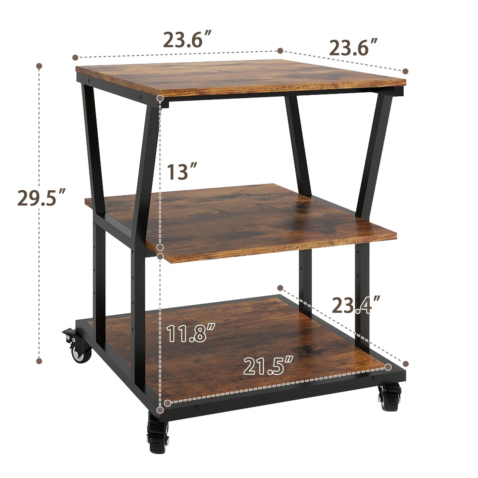 Natwind 3 Tier Large Printer Stand, 23.6''x23.6''x29.5'' Heavy Duty Printer Table, Copier Stand with Wheels and Paper Storage Shelf for Home Office (Retro)