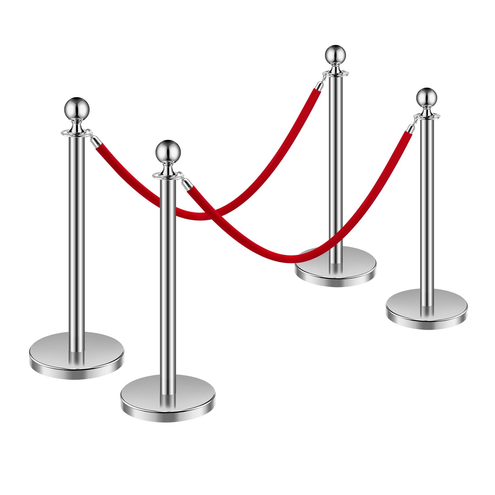 VEVOR Paletto di Sostegno Set di 4 Barriere Controllo Folla Corde Velluto Rosso Acciaio Inox 1,5 m Base Cava