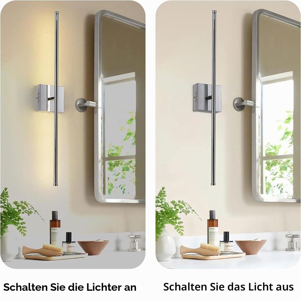 LED Akku Wandleuchte Kabellos mit Fernbedienung Innen Dimmbar Lang Wandlampe 350° Drehbare Spiegelleuchte Ohne Stromanschluss Wandbeleuchtung mit Timing USB Aufladbare Badezimmerlampe,Chrome