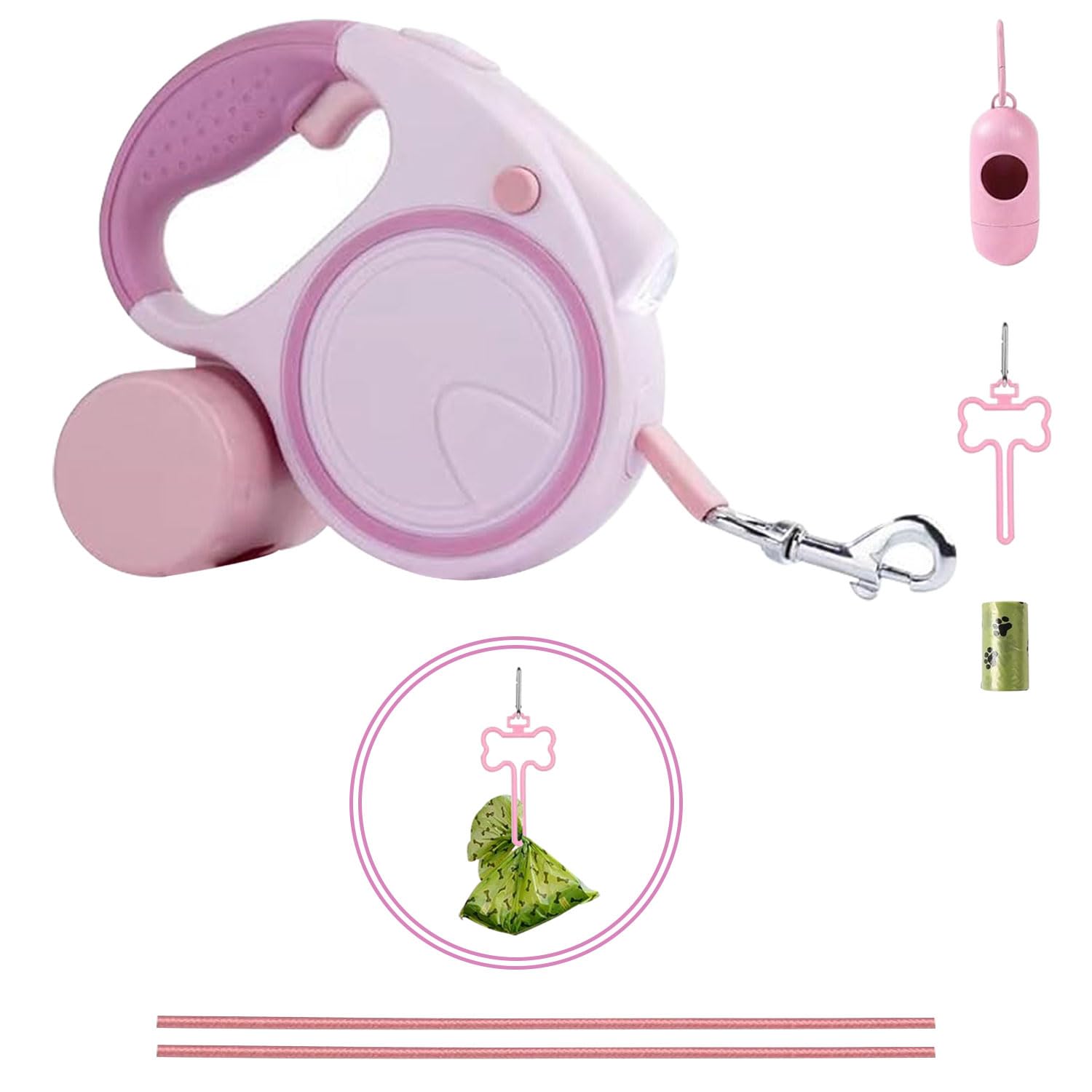 Best Dog Supplies Lot de 4 laisses rétractables pour chien avec lumière, distributeur de sacs à déjections, support de sac à déjections canines, 2 cordes élastiques