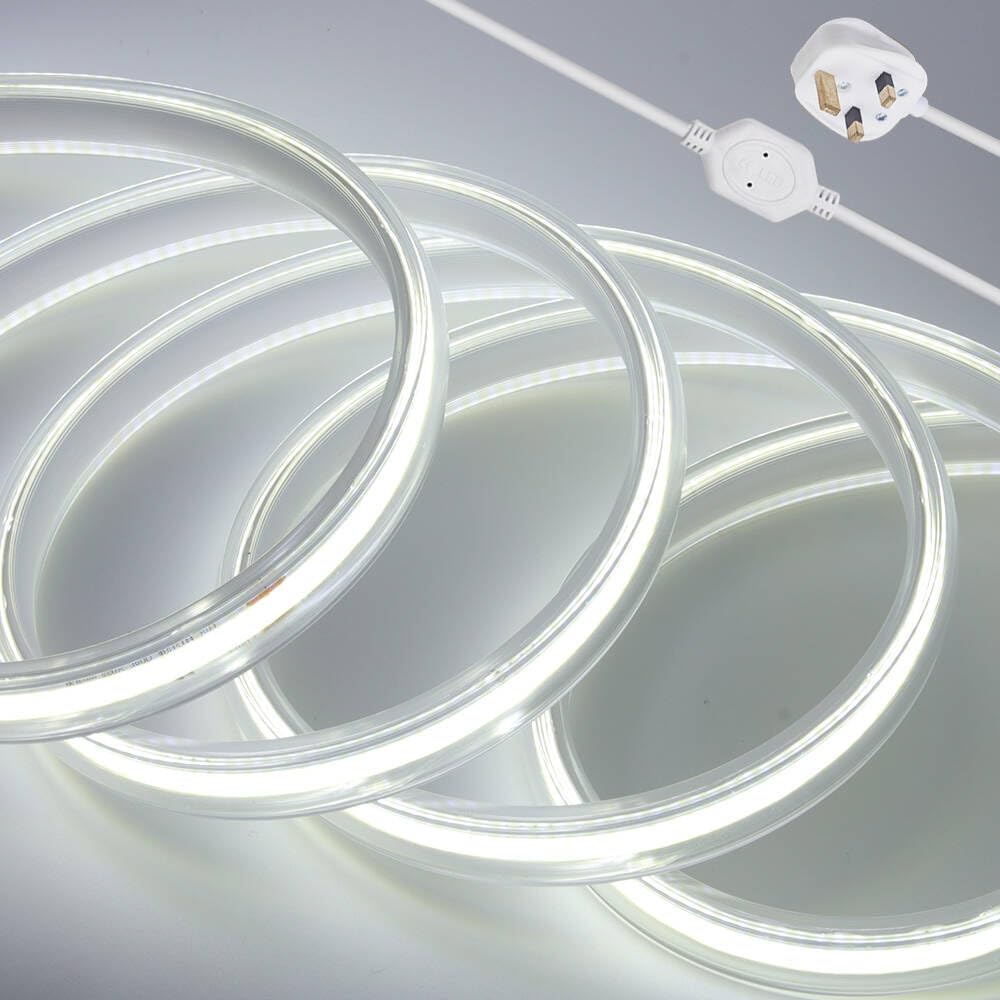 KISUFU Flexible LED Light Strip,360 LEDs/m IP65 Waterproof COB Light Strip,AC 220V LED High Voltage Rope Light,50CM Cuttable,Super Bright for Indoor and Outdoor Lighting Camping,Balcony (10m, White) — image 1