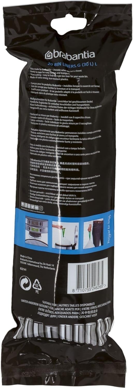 Brabantia PerfectFit G 30 Liter Bin Liners, 20 Count Bags, 120 Total Count