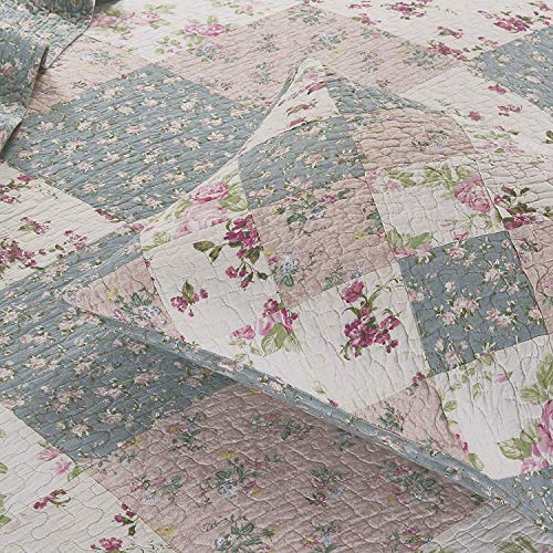 Chemzoi Collection Jolie 3-Piece Garden Floral Vintage Washed 100%-Cotton Reversible Diamond Patchwork Quilt Set, Queen #TOP2