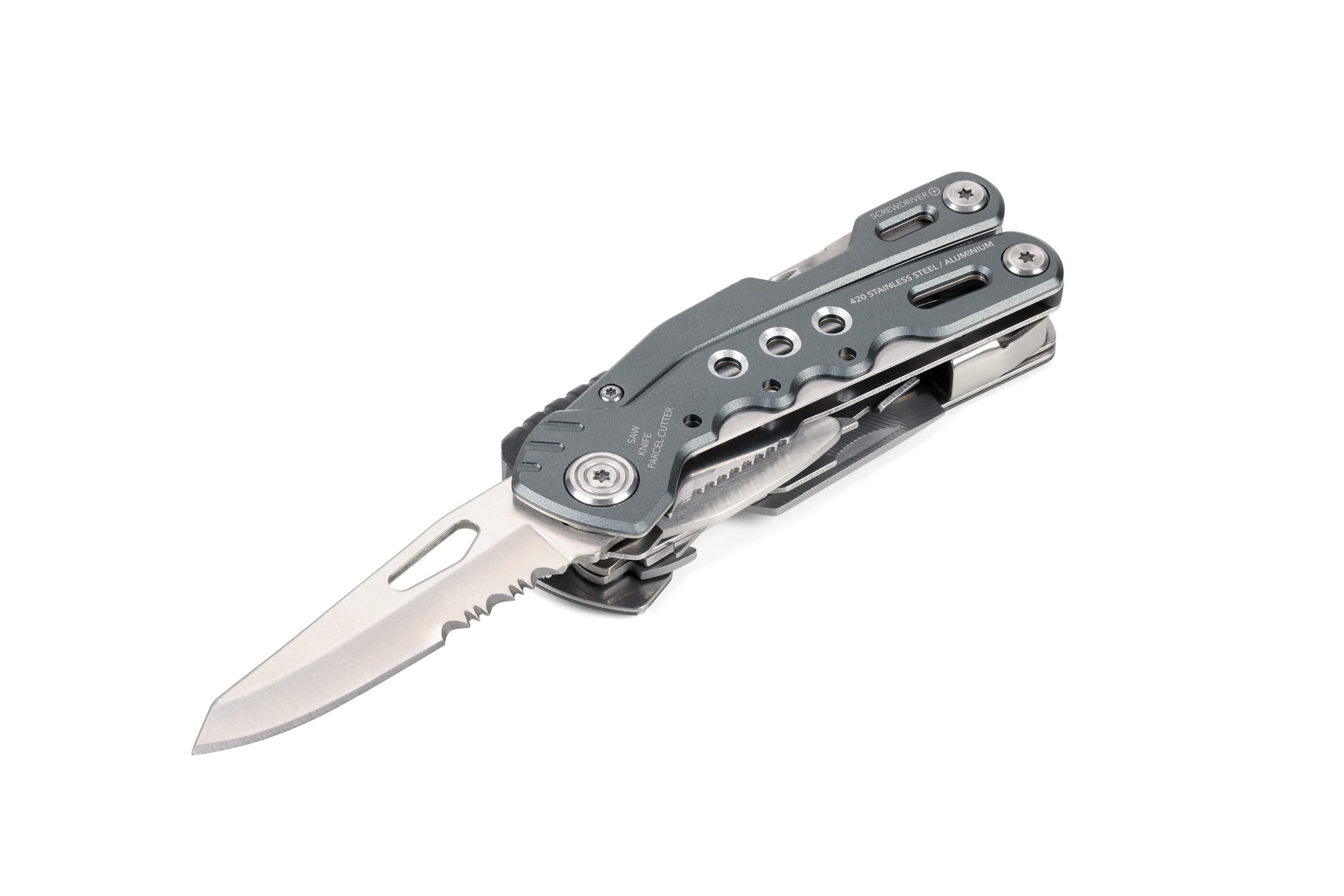 Troika Fire Tool 14 Outil multifonction avec 14 fonctions pour les voyages en plein air et survie – Ressort intégré et fonction de verrouillage – Acier inoxydable 420 – Aluminium – Anodisé – Gris