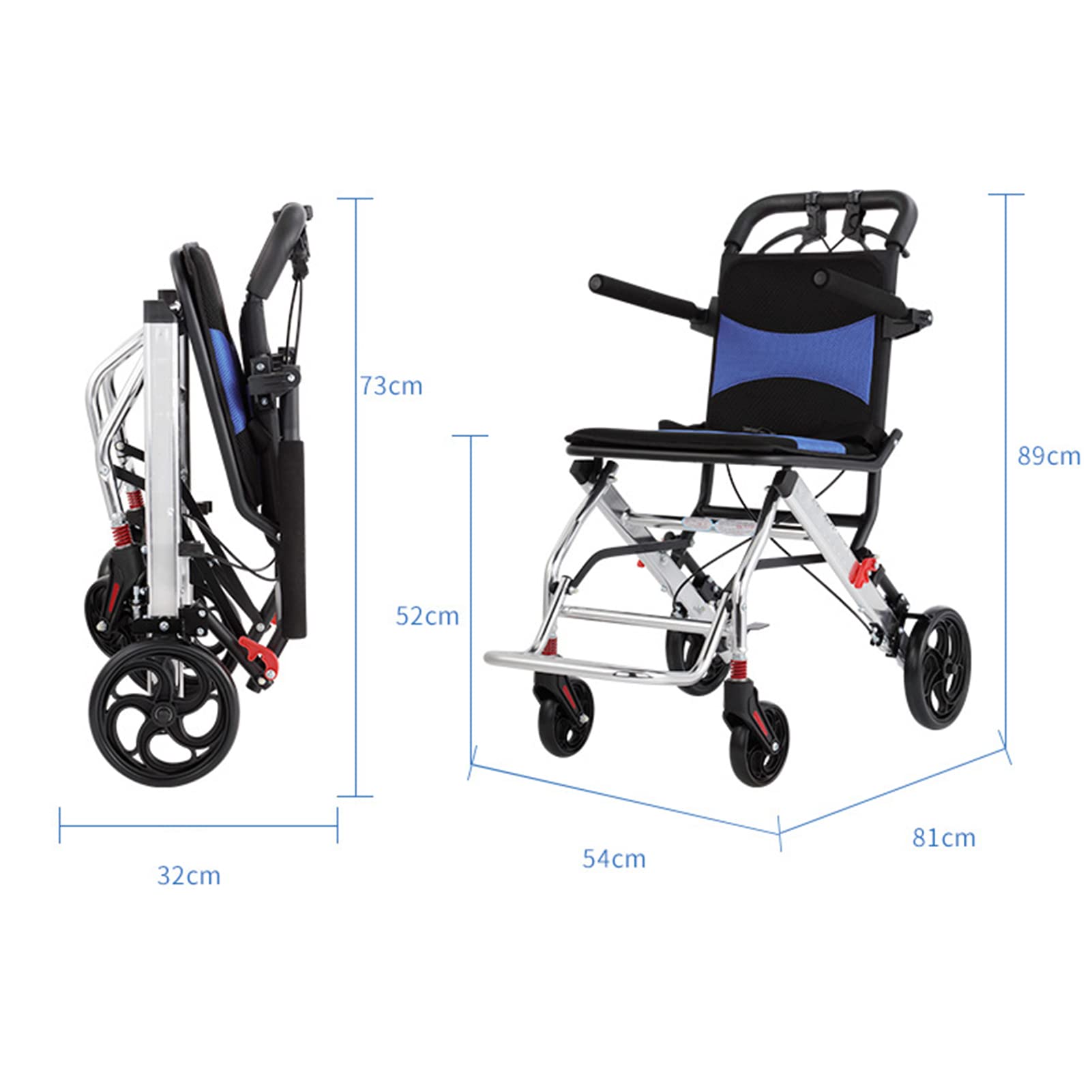 Składany Lekki Wózek Inwalidzki ， Aluminiowa Mała Skłarama Wózka ， Mały Wózek Transportowy Z Napędem Ręcznym Z Hamulcami Ręcznymi/Blue/8 Inch
