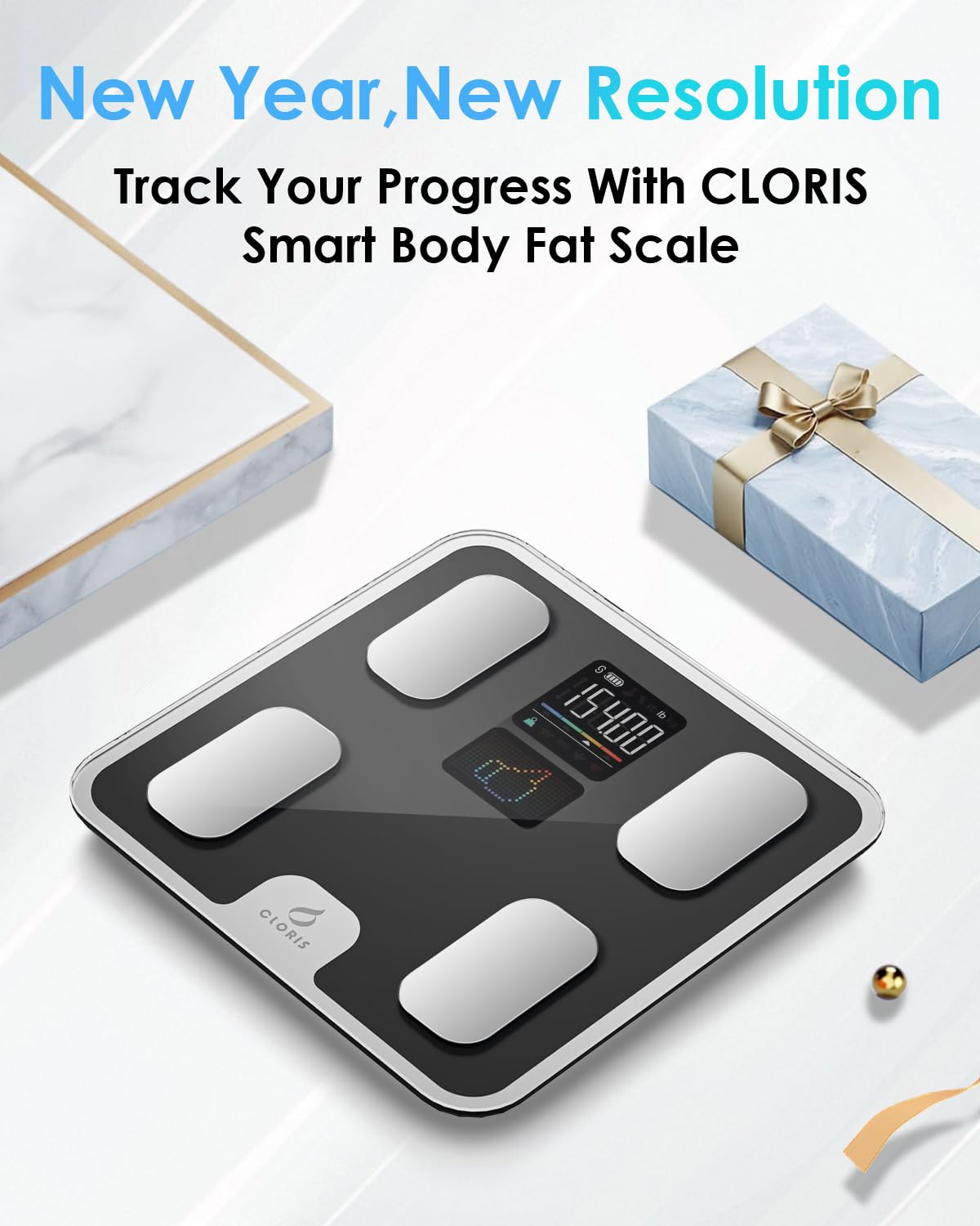 CLORIS Báscula inteligente para grasa de peso corporal, máquina de pesaje digital de baño para un IMC preciso, analizador de salud de composición de masa muscular con aplicación Bluetooth