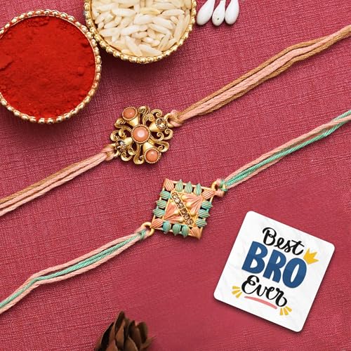 Image of eCraftIndia Set of 2 Peach, Green & Golden Pearls, Designer Rakhis, Best Bro Ever Fridge Magnet with Roli Chawal Pack - Rakhi for Brother, Bhaiya, Bhai