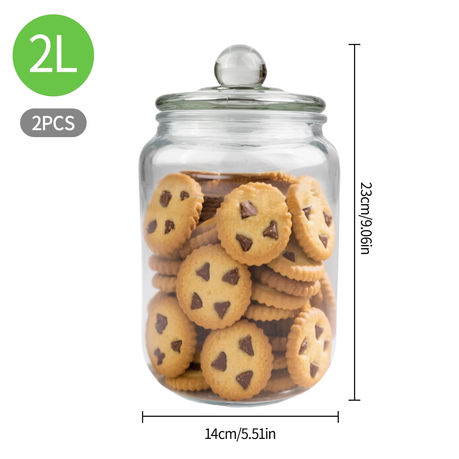 Tarros de Cristal 2L Tarro de Vidrio 2 de Almacenamiento con Tapa Hermetico Tarros de Cristal Apto Lavavajillas Diámetro 21cm Altura 33cm perfectos para Dulces Café Azúcar