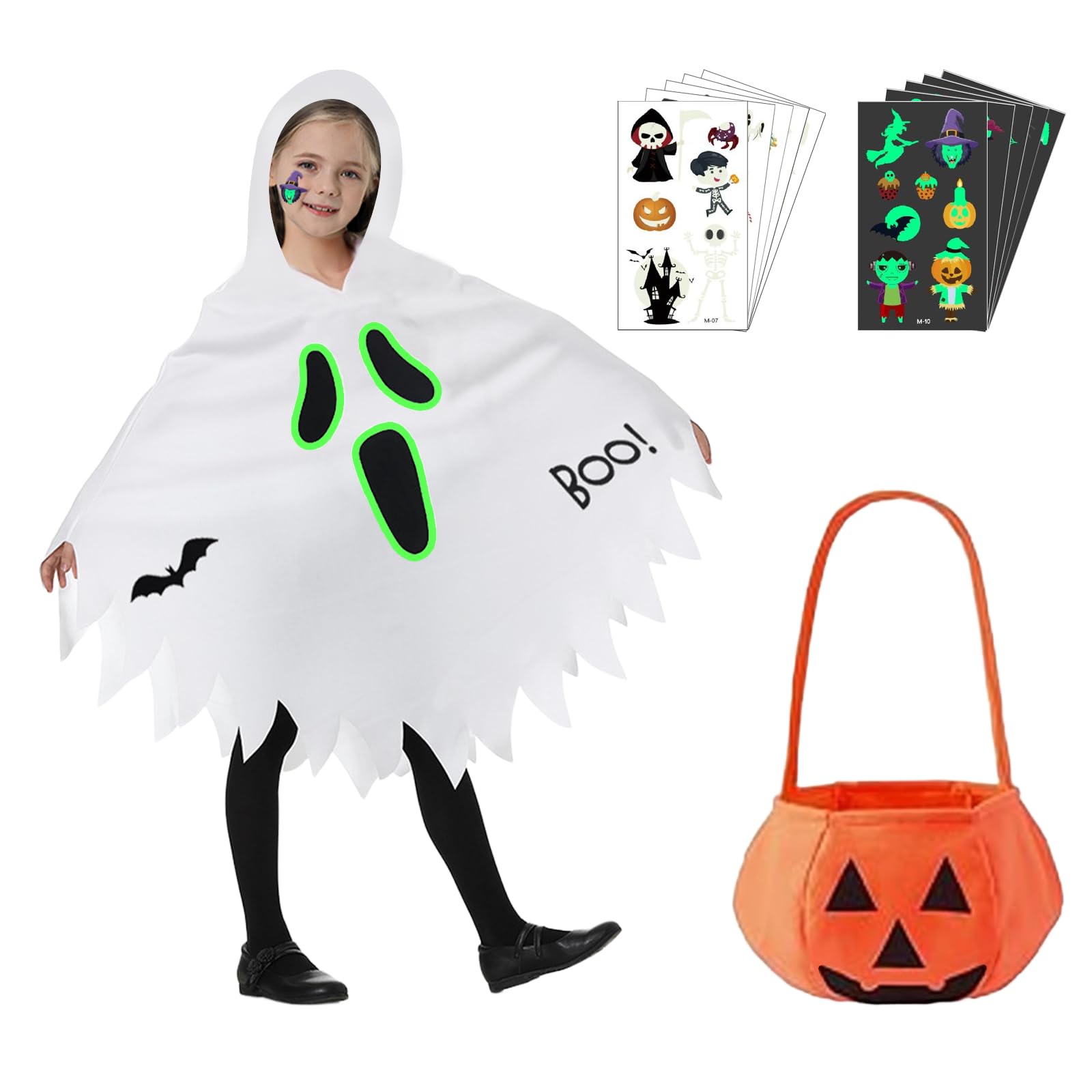 Ntwdby Costume da Fantasma di Halloween Bambino, Costume Fantasma per Bambini con Sacchetto di Zucca, Mantello Bianco Fantasma per Bambini, per Ragazzi Ragazze Festa di Carnevale Cosplay (S