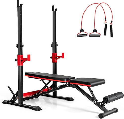 Goplus Juego de prensa de banco de pesas olímpicas ajustable con estante para barra, estación de inmersión para sentadillas con banco de