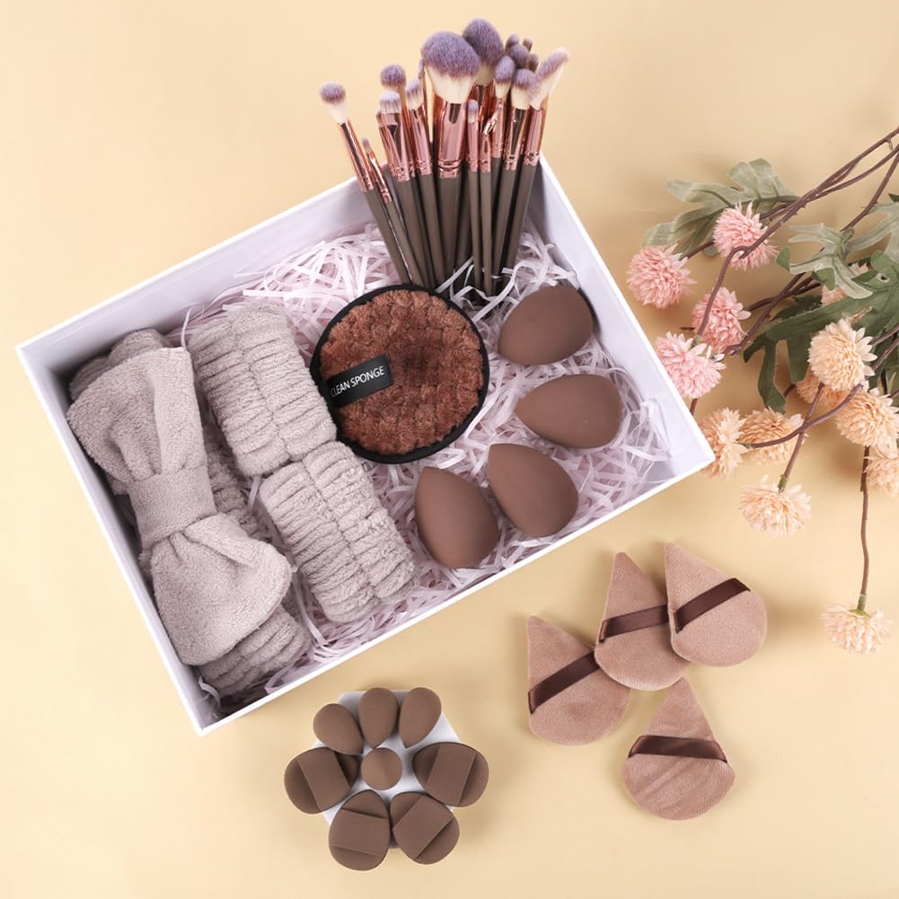 Vicloon Set Pennelli Make up,Kit di 40 strumenti per il trucco di 20 pennelli da trucco e spugne per il trucco,strumenti per il trucco,fasce capelli 2 braccialetti,per fondotinta,palpebra,cipria