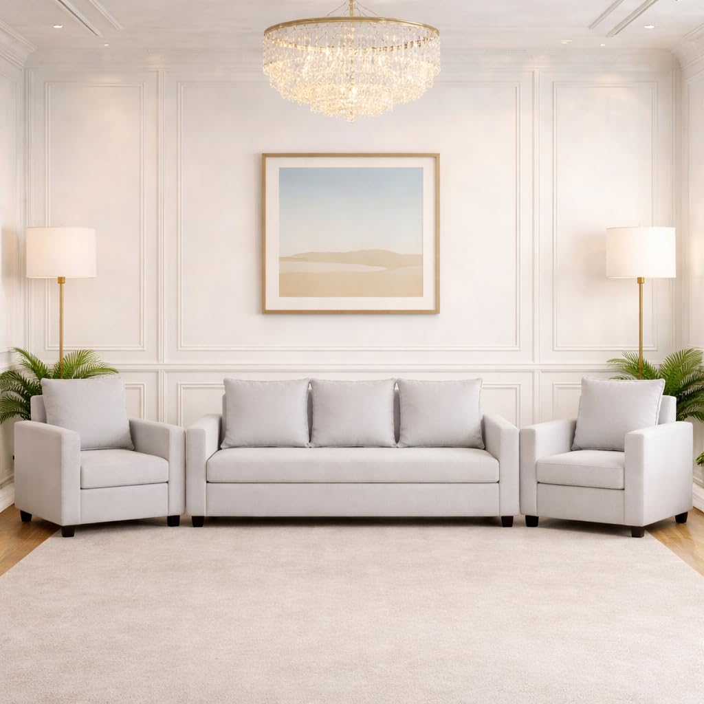 Wood 3+1+1 Sofa Set 5 Seater | Velvet Fabric Upholstery | Wooden Frame Sofa Set with 3 Seater & 2 Single Chairs for Living Room, Home & Office (Light Grey)-image-15