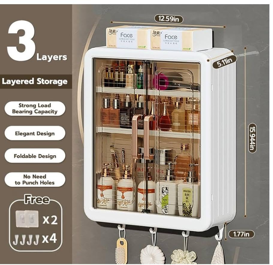 Image of Arto Wall Mounted Medicine Cabinet | Double Door Storage with Hooks | Waterproof Multipurpose Organizer for Home & Kitchen (White)