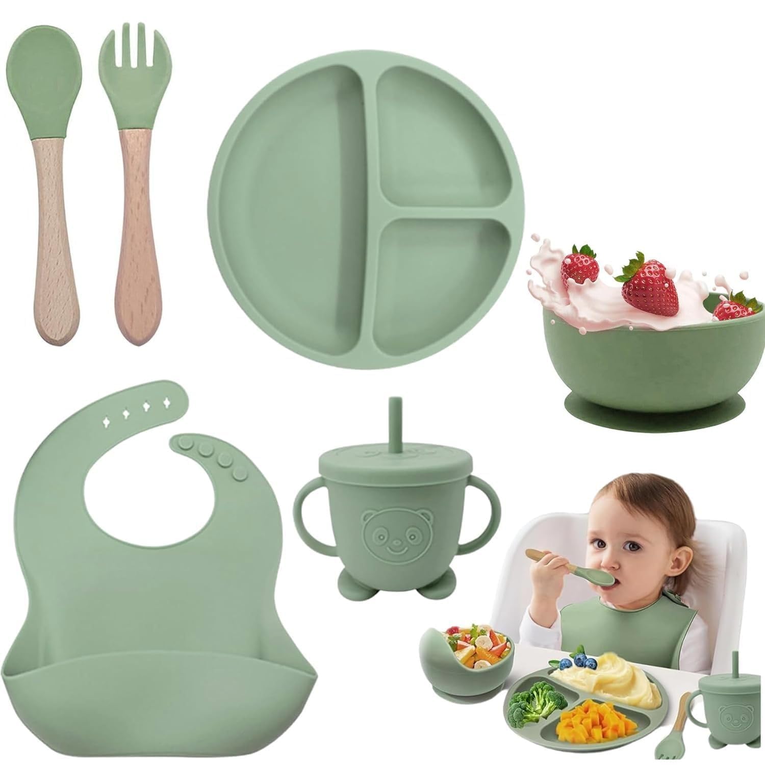 Silicone Baby Feeding Set 6PCS – BPA-Free Suction Plate & Bowl, Bib, Spoon, Fork & Cup | Non-Toxic Toddler Feeding Set | Microwave & Dishwasher Safe | 6+ Months, Multicolor (Green)-image-22
