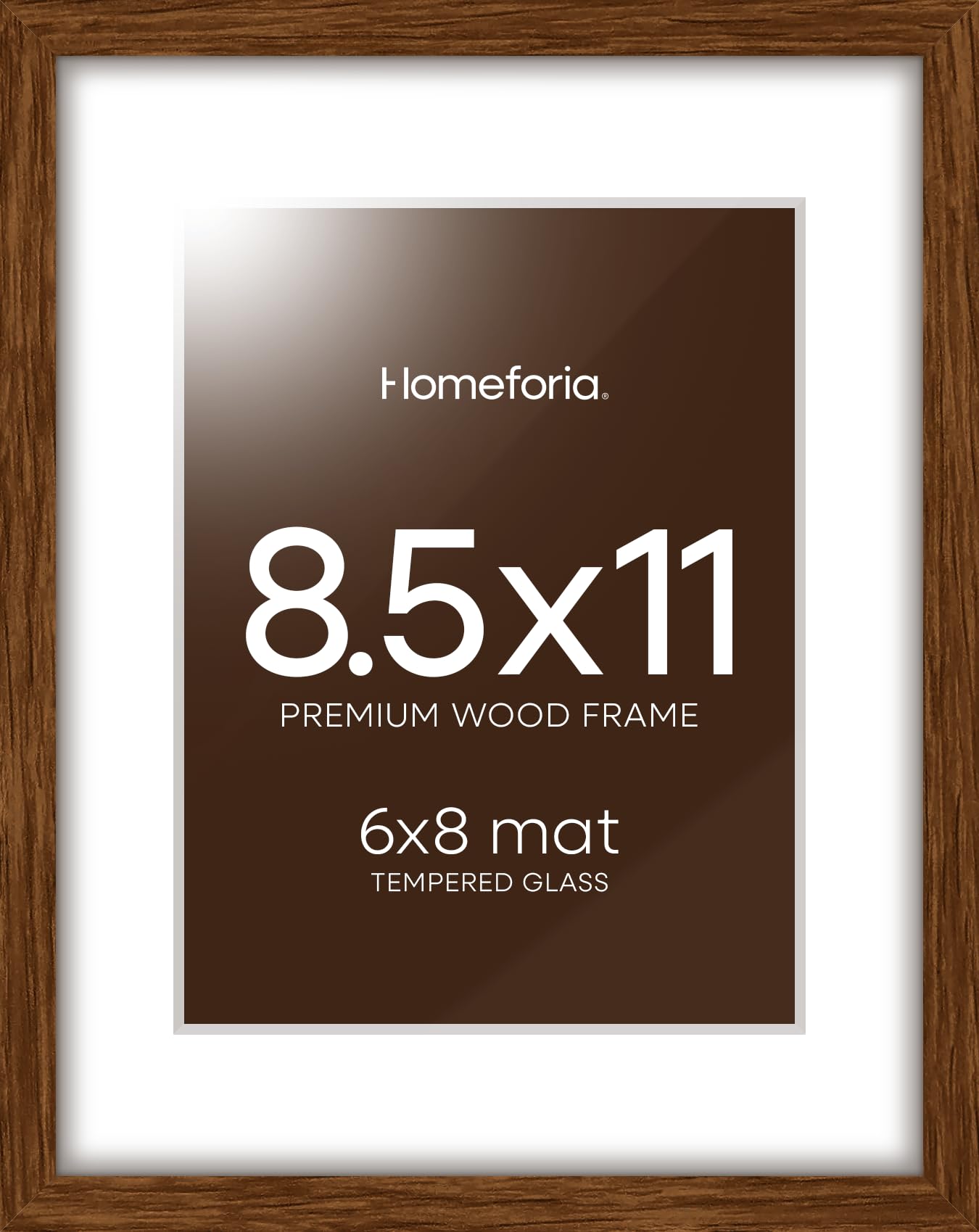 Homeforia 8.5x11 Brown Oak Picture Frame, High-End Wood, 6x8 Mat, Glass | High End Solid Oak Wood, Tempered Glass, Acid-Free 6x8 Removable Mat, 8.5x11 Edge-to-Edge Display 11x8.5, Wall Kit, Set Of 1
