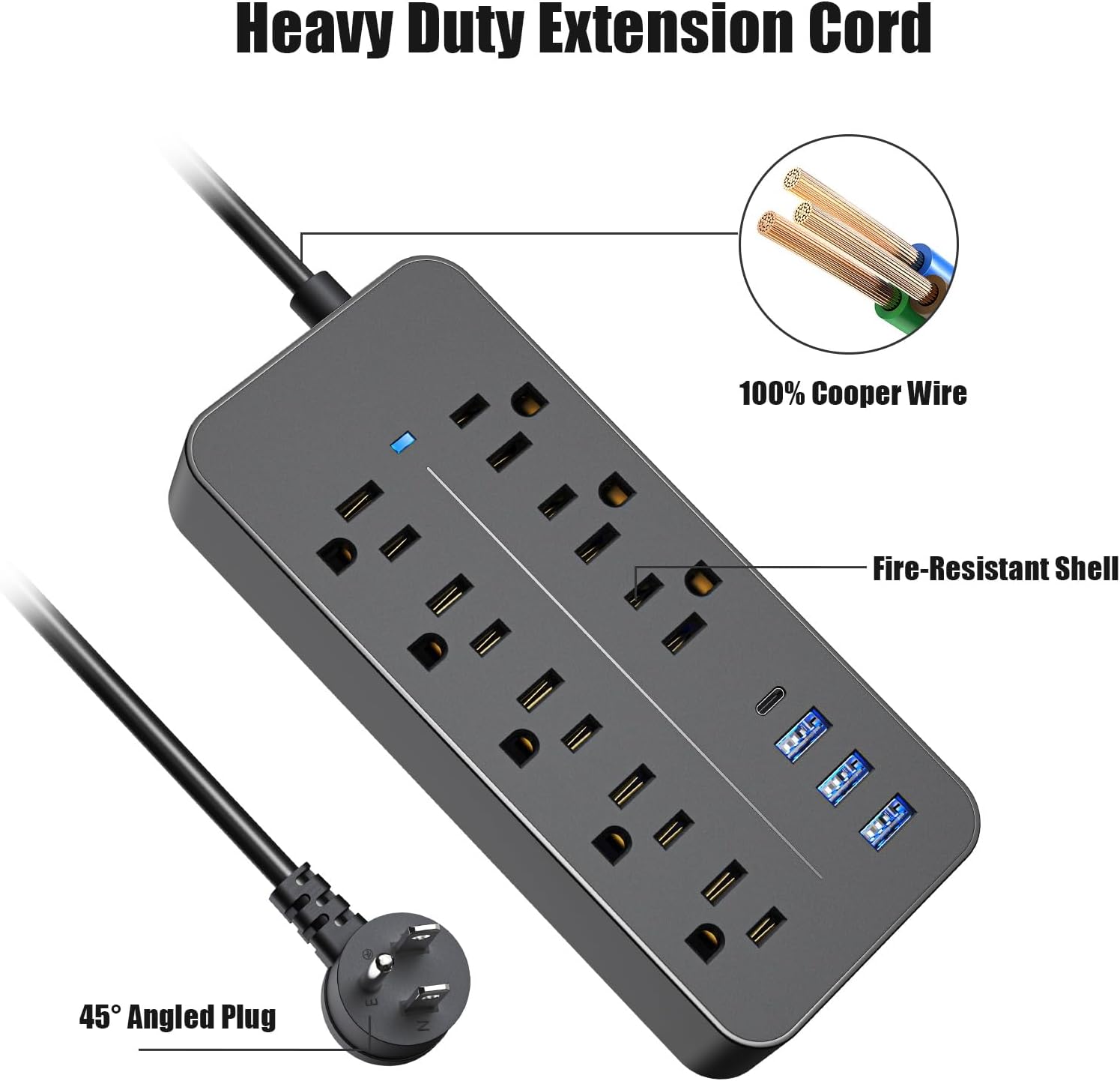 Surge Protector Power Strip - 4Ft Flat Plug Extension Cord with 8 Widely Outlets and 4 USB Ports(1 USB C), MKSENSE Flat Angled Plug, 1700 Joules, Spaced Outlets ETL Listed for Home or Office (Black)