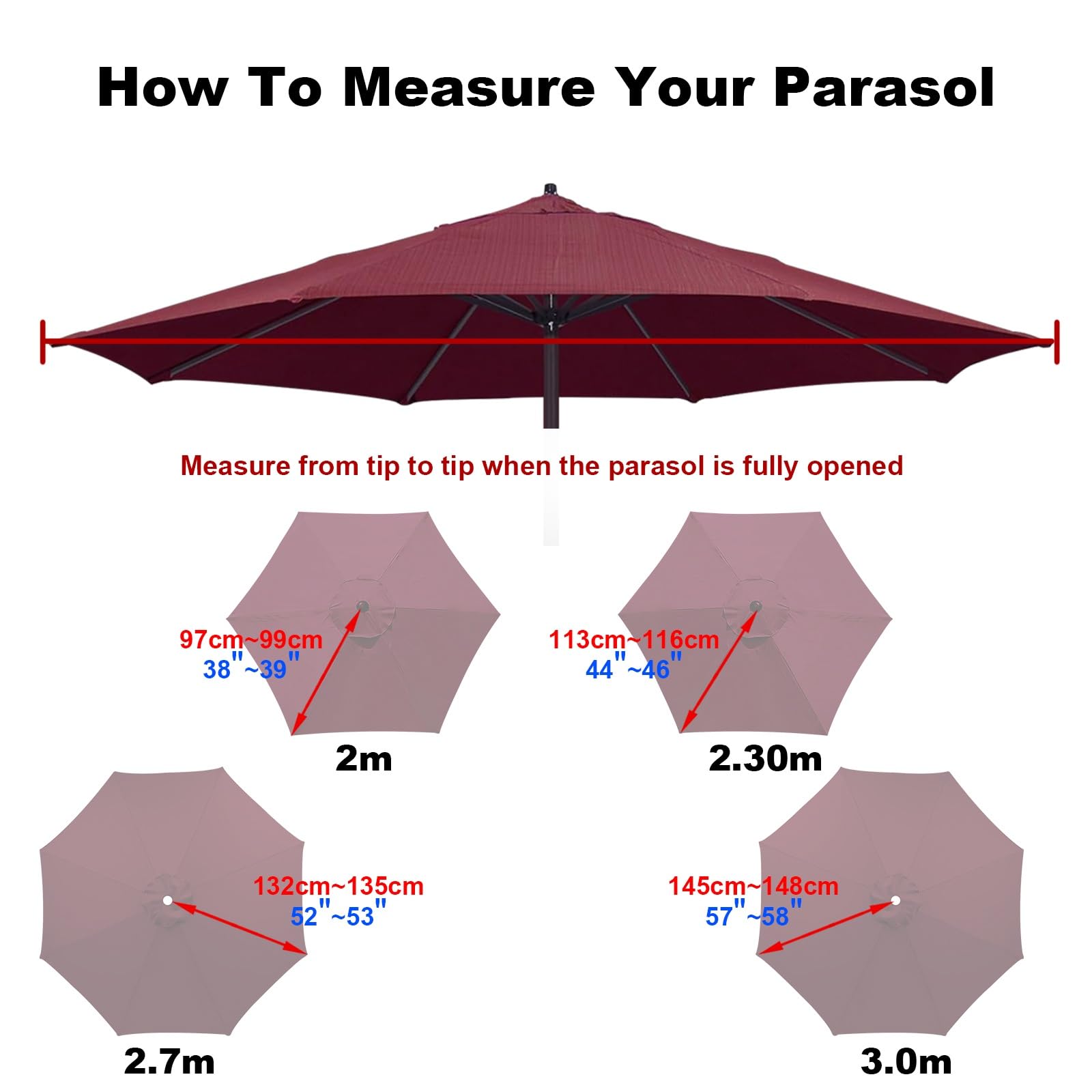 Copertura di ricambio per ombrellone da giardino in tessuto impermeabile da 3 m, per 6/8 stecche da patio, baldacchino di ricambio per ombrellone a sbalzo rosso, accessorio per mobili da esterno