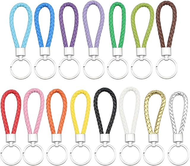 DXLing 15 Pieces Braided Keychain Strap Cord Keyring 15 Colors Handmade Car Key Chains Bag Pendant Universal Weave Faux Leather Key Holder Metal Rope Keyring Key Fob for Men or Women