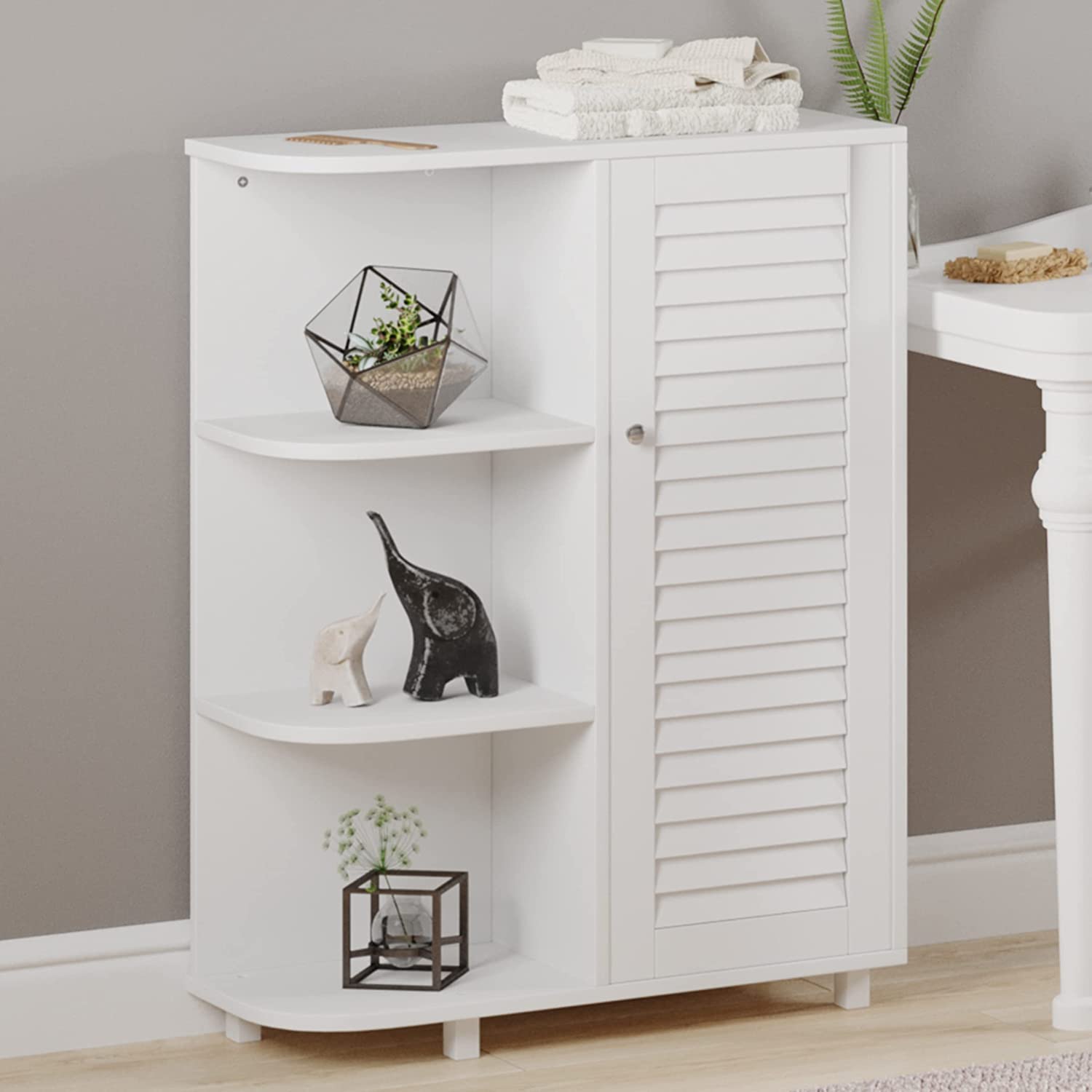 FEFE® White Wooden Curved Free Floor Standing Kitchen Bathroom Space Saving Cabinet Shelf With Shutter Doors Single Door, Adjustable Shelf, for Living