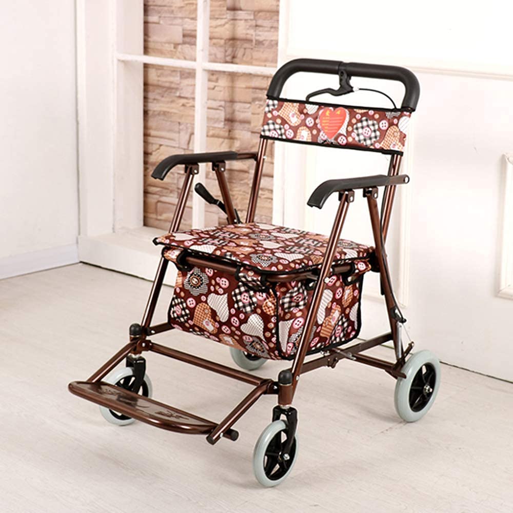 Carrello multifunzione da cucina con sedile e riposo Design pieghevole a 4 ruote girevoli freno di parcheggio di sicurezza freno a piedi Assist Utility Cart per stoccaggio Marrone Reticolo Reticolo