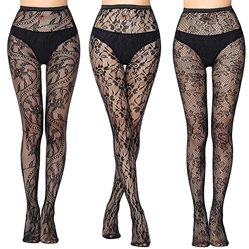 Antrect Damen Netzstrümpfe 3 Paare Netz Strumpfhose Hohe Taille Netzstrümpfe Sexy Spitze Mesh Loch Strumpfhosen (Schwarz-B, one_size)