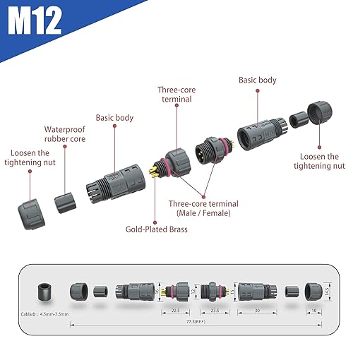 Miniatura 3 de AOHUA Conector impermeable M12 IP68 Enchufe eléctrico para exteriores Cable a cable para cables de 2 pines Ø 0.177-0.295 in Certificación UL (negro)