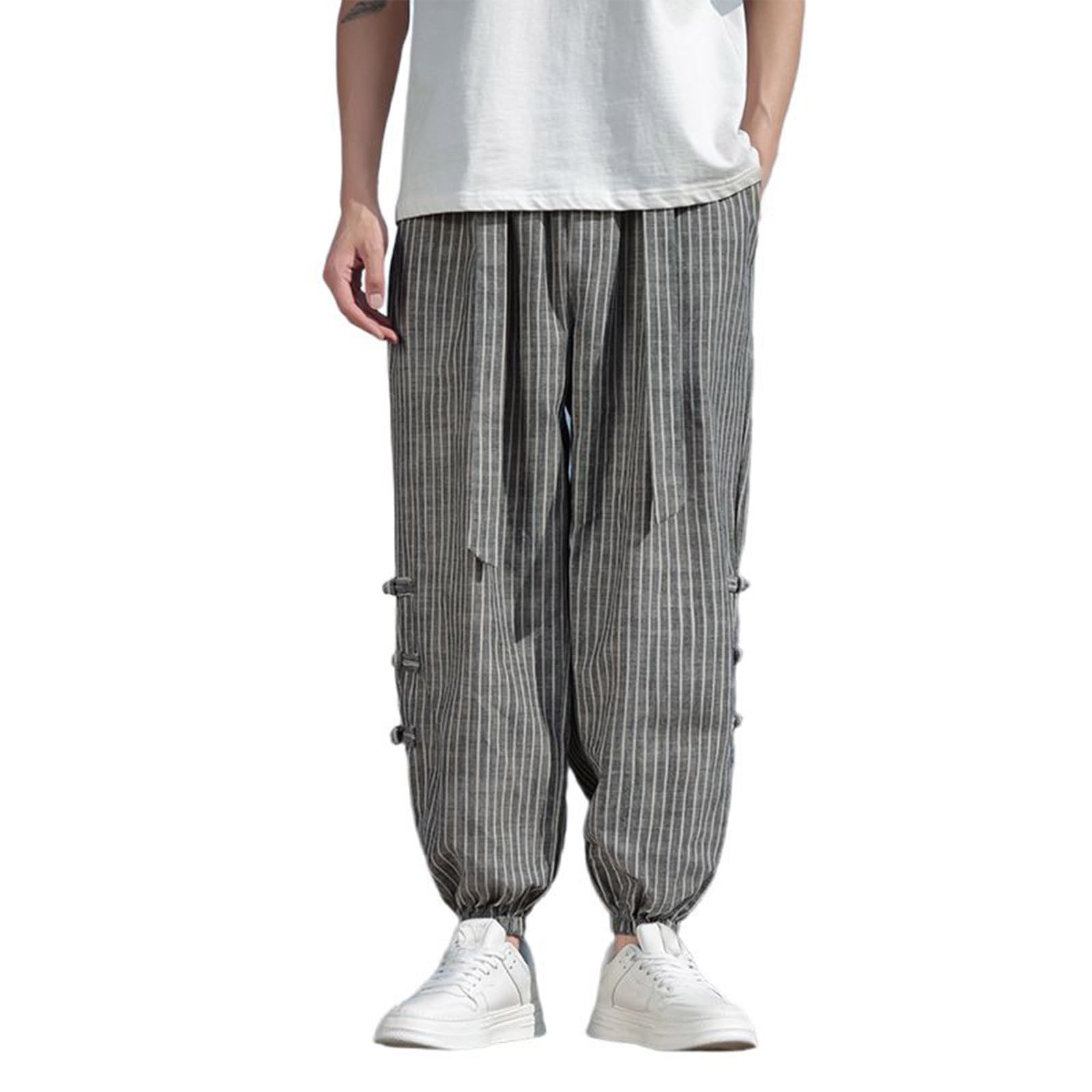 Generico Pantaloni Lino Uomo Pantalone Leggero Primavera Estate Largo A Righe Jogger in Lino Comodo E Traspirante Pantaloni Casual Uomo Estivi