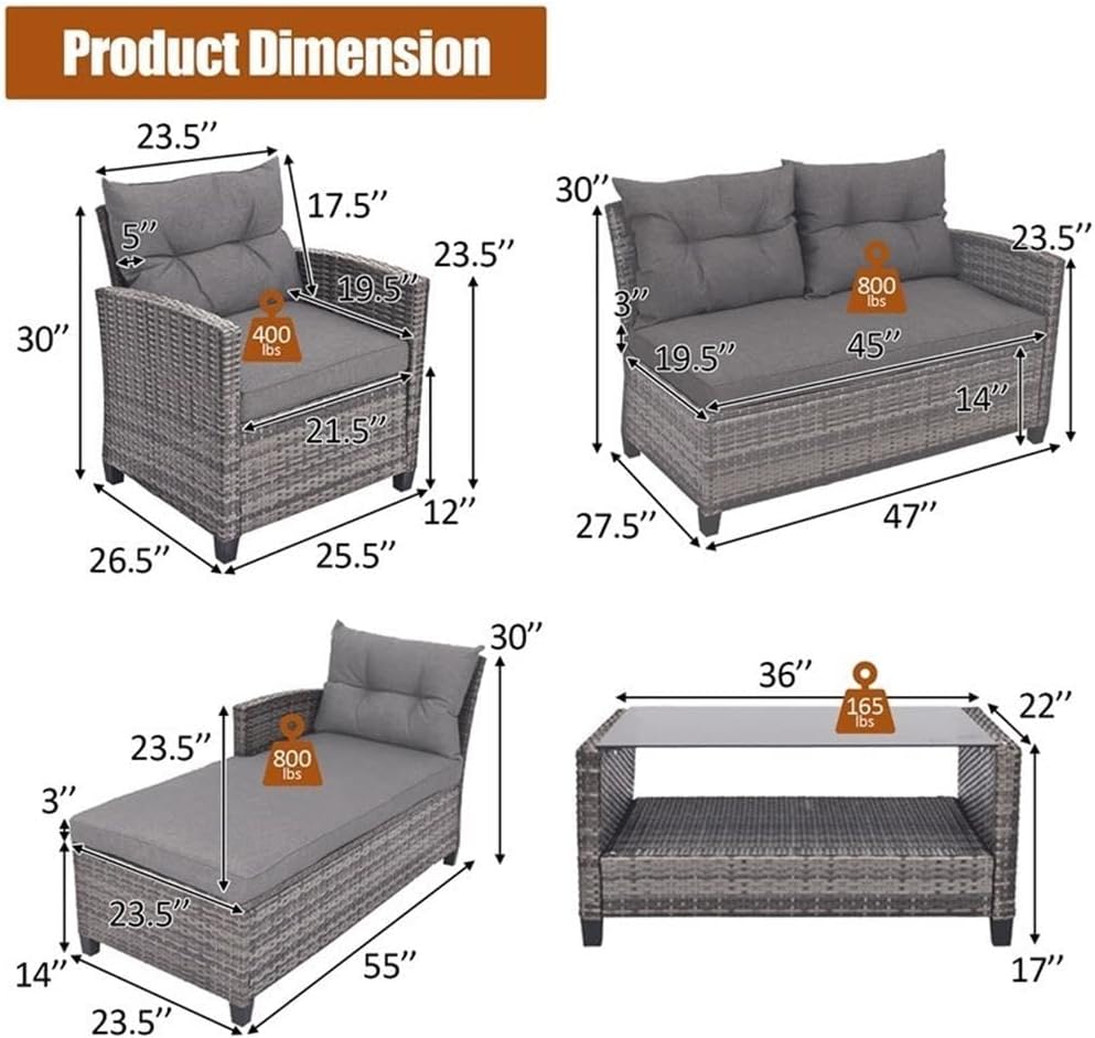 Pemberly Row 4PCS Patio Rattan Furniture Set, Gray PE Rattan with Steel Frame, Cushioned Sofa, Ottoman, Lounge Chair, Tempered Glass Coffee Table, Outdoor Use for Patio, Garden, Deck or Poolside
