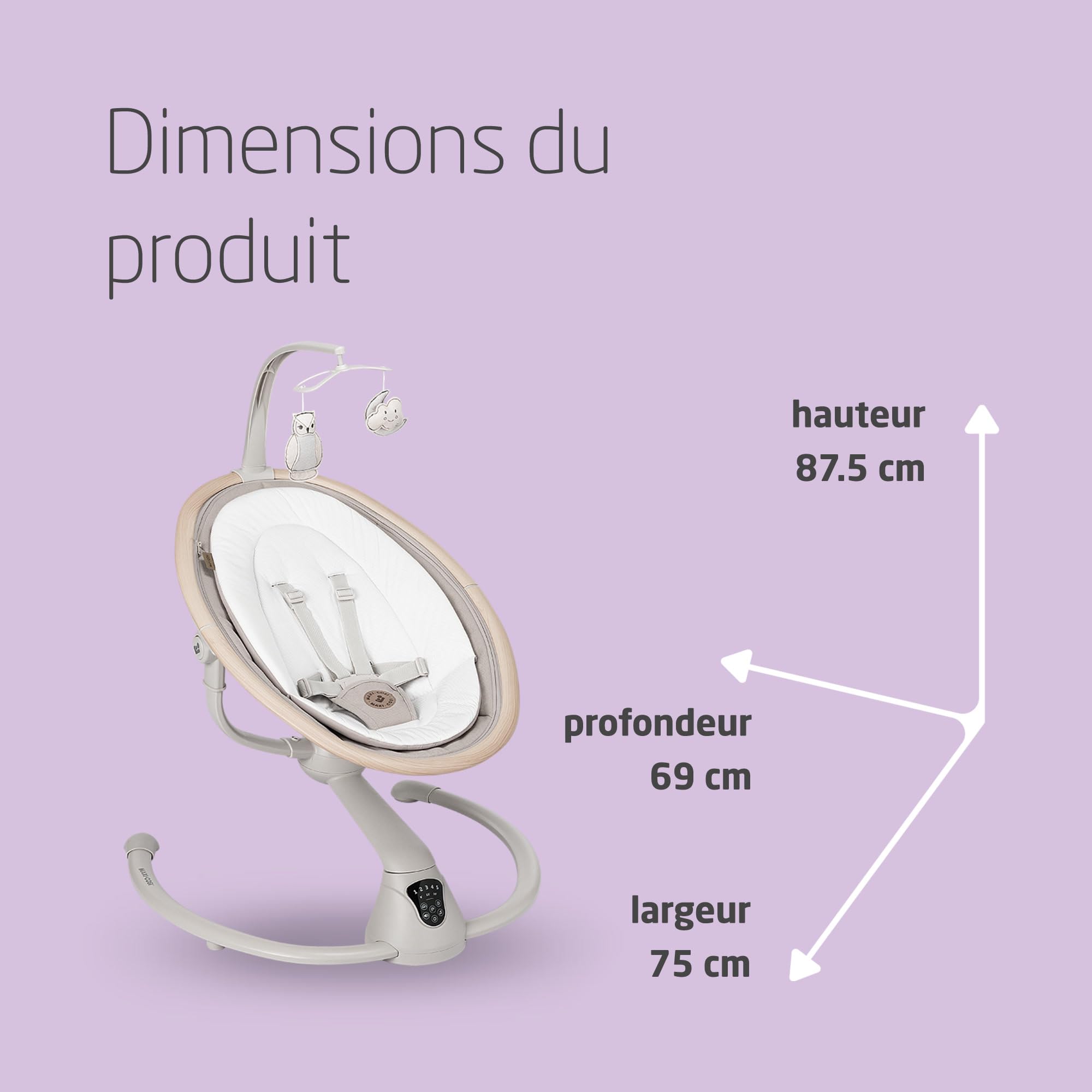 Maxi-Cosi Cassia balancelle bébé électrique, 0-6 mois, 9 kg max, transat bébé, 12 mélodies, rotation 360°, détection mouvement, 5 vitesses de balancement, Classic Beige