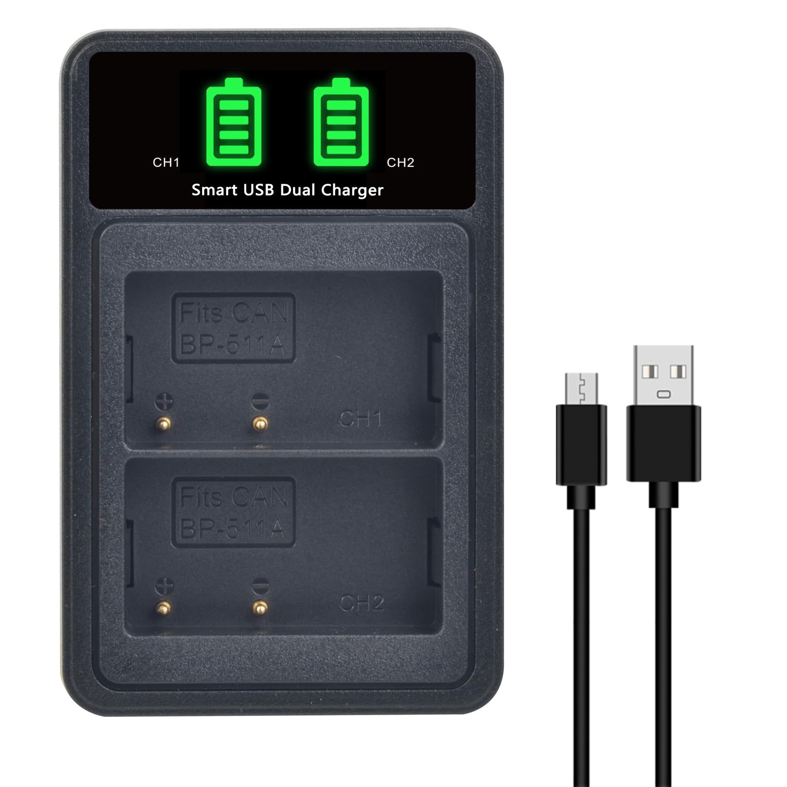 DuraPro - 2 batterie BP-511A BP-511 BP 511 BP511A + caricatore LCD Dual USB per Canon EOS 5D 10D 20D 20D 30D 40D 50D 300D D30 D60 Rebel PowerShot G1 G2 G3 G5 G6 Pro 1 Pro 90 Fotocamera Pro 90IS