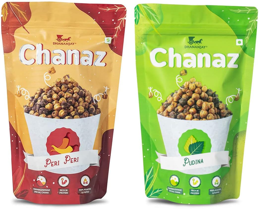 Dhananjay Roasted Flavoured Mahabaleshwar Chana (Chickpeas) | Gluten Free | Rich in Protein | 100% Roasted and Puffed | Pack of 2 (Peri-Peri 160g & Pudina 160g)