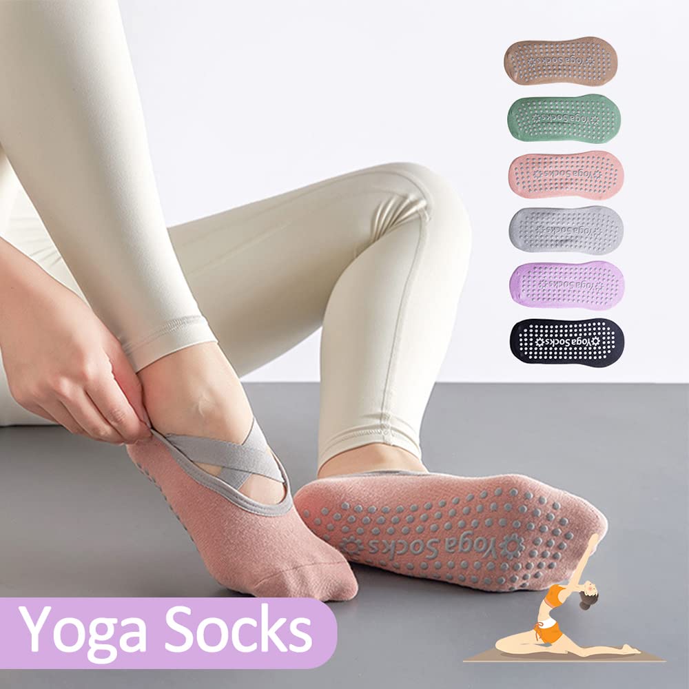 POKEAT 6Pair Yoga Socks Non Slip Grips & Straps, Bandage Cotton Sock Ideal for Pilates Pure Barre Ballet Dance Barefoot Workout for Women
