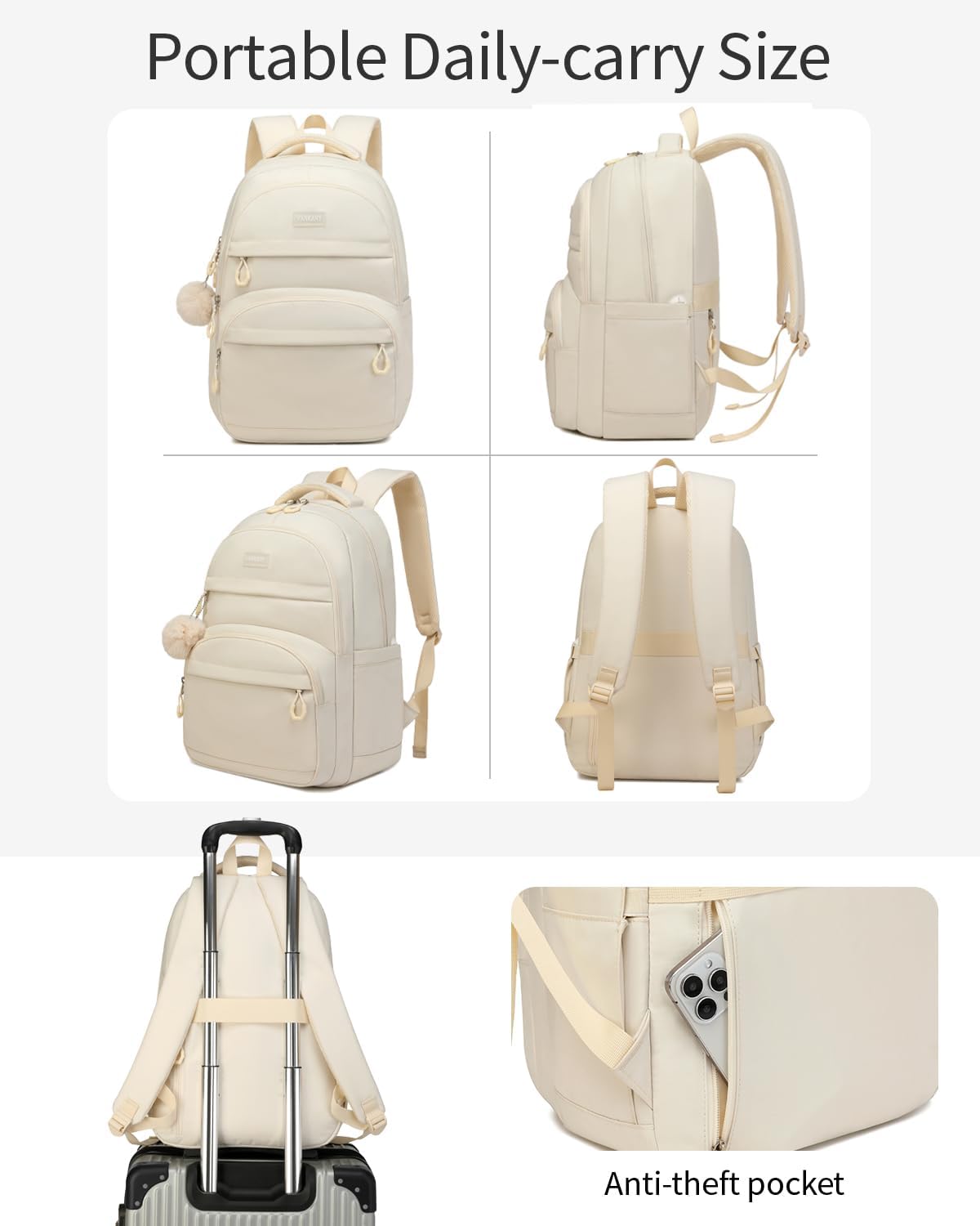 Girls Backpack School Bag, Solid Backpack for Middle High School 15.6in Laptop Backpack with USB Charging Hole for Women, Aesthetic College Bookbag for Teens, Beige - Image 6