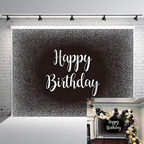 Black and Silver Happy Birthday Backdrop Grey Glitter Photography Background Men Women Adult Birthday Decoration Supplies 7x5FT