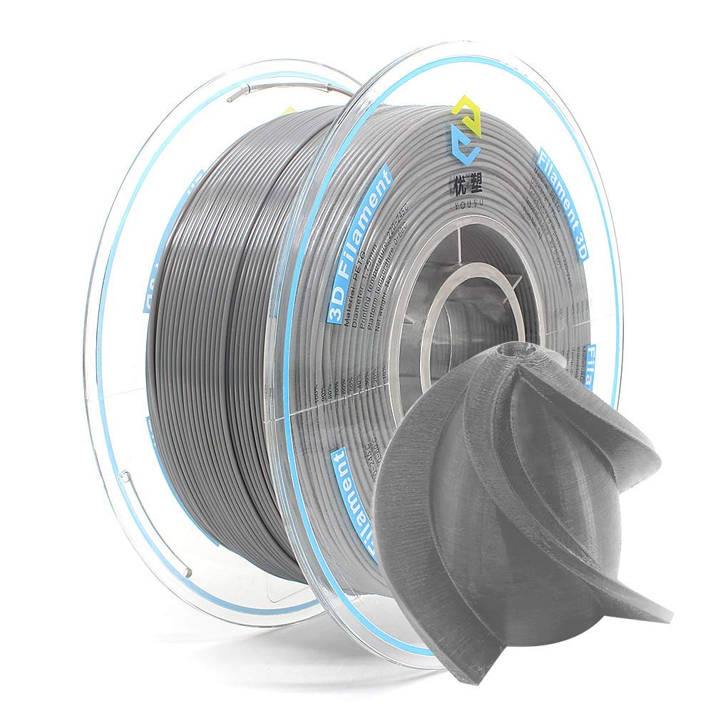 Yousu Filamento PETG 1.75 mm,Filamento per Stampante 3D,Filamento PETG Resistente,Precisione Dimensionale +/- 0.02 mm,Filamento per Stampa 3D per Stampante 3D FDM,Bobina da 1kg,PETG Grigio