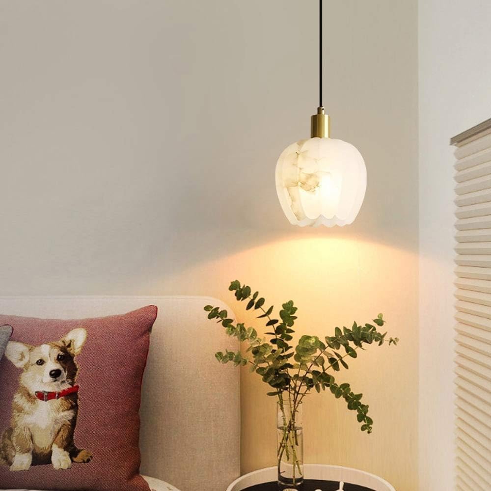 Abinlina 5.9" Natural Alabaster Pendant Light - Adjustable Brass Hanging Lamp for Bedroom, Kitchen Island, Dining Room, and Living Room