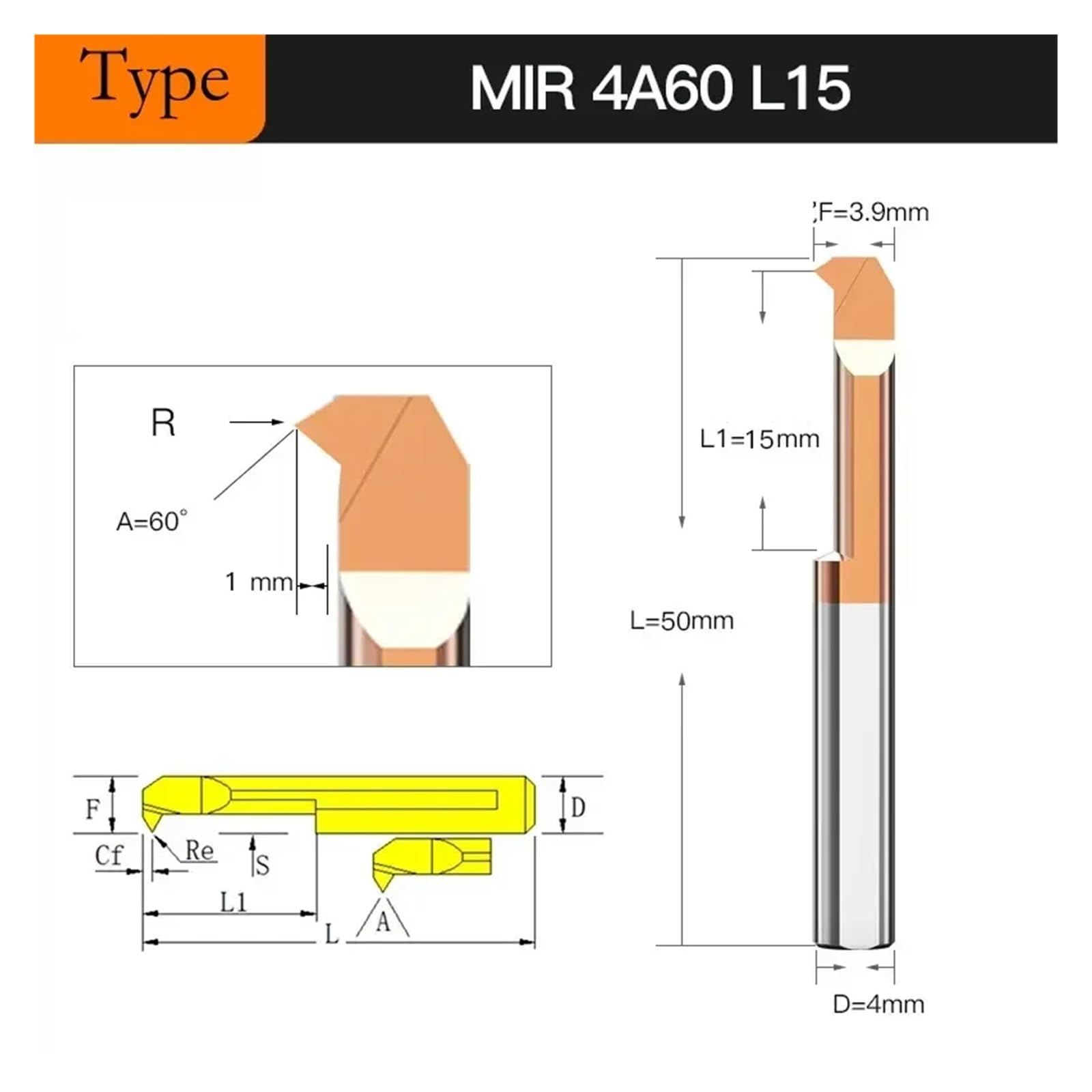 drehmeißel Mir-Bohrfräser for Gewindeschneiden, beschichtetes Hartmetall, Mini-Innendrehwerkzeug, Kopieren Kleiner Löcher, Wolframstahllegierung(Mir 4 A60 L15)