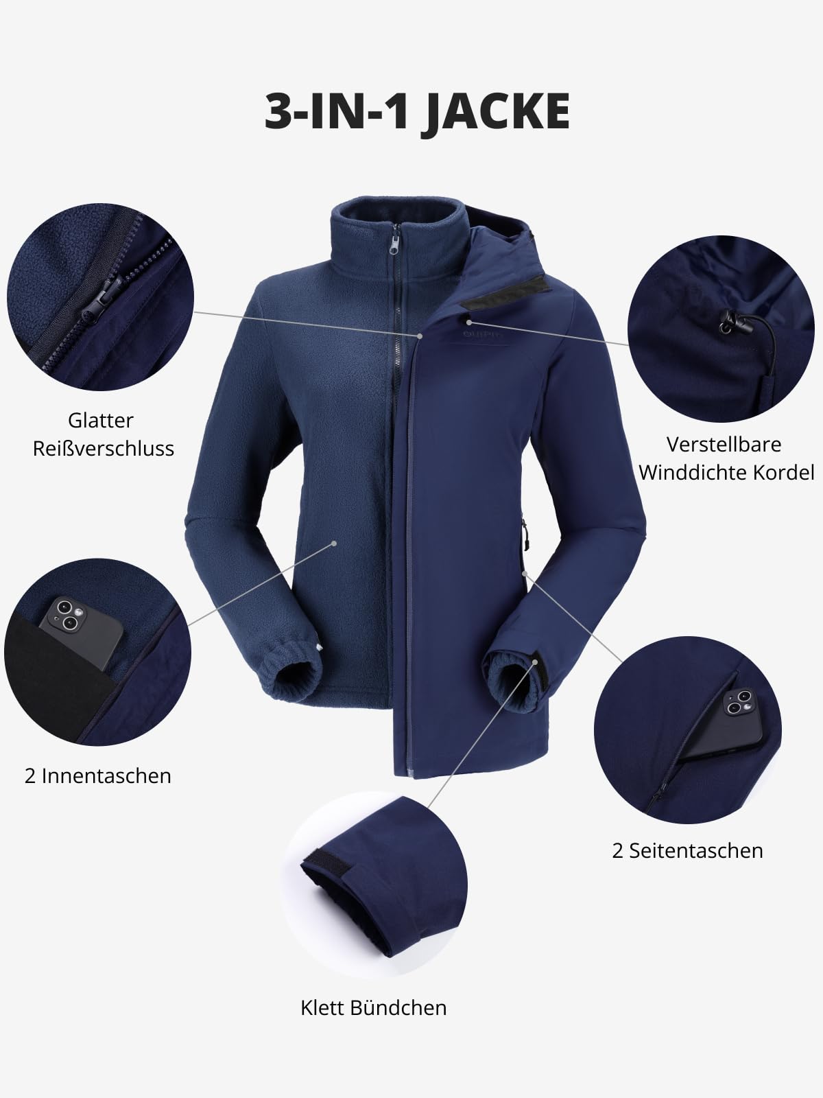 OutPro Giacca invernale 3 in 1 da donna, impermeabile, antivento, giacca da sci per attività all'aria aperta, foderata in pile, a doppio strato, con cappuccio rimovibile, per sci, alpinismo, viaggi