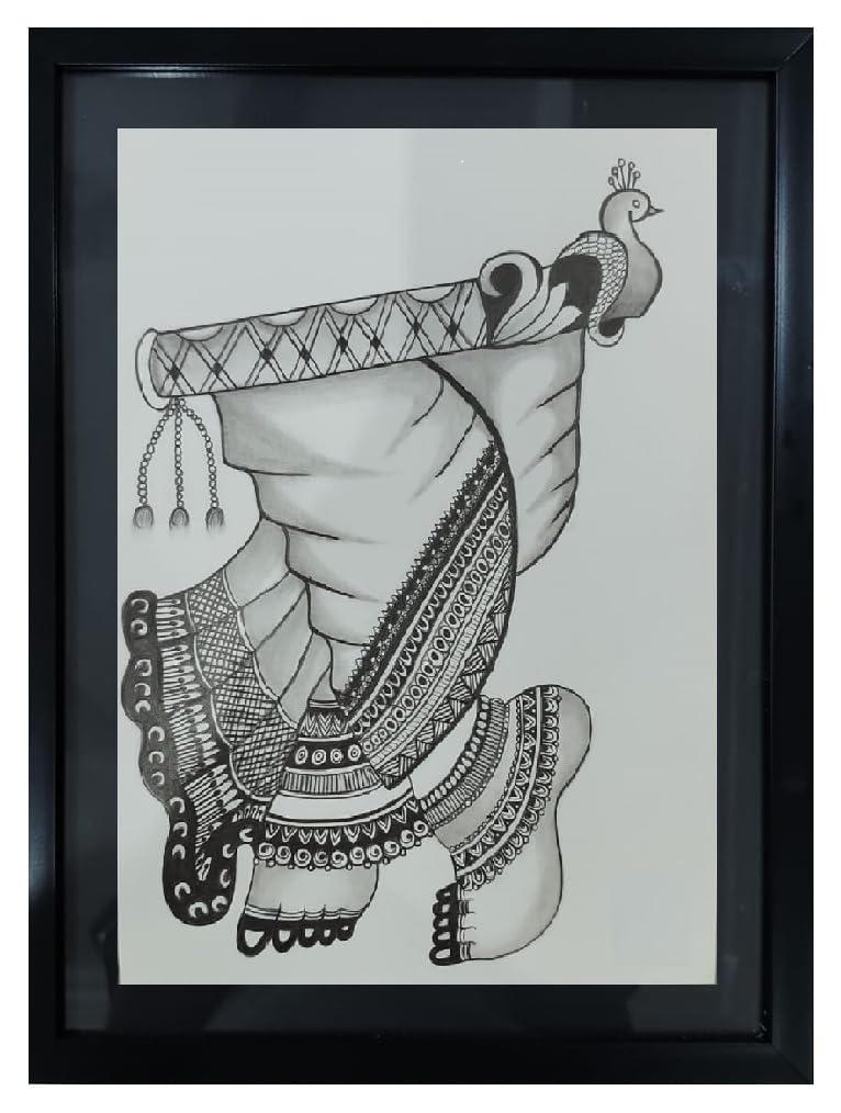 Handmade Pencil Sketch of Traditional Feet and Peacock Design – Intricate Black & White Artwork on A4 Paper for Home Décor, Art Lovers & Gifting (Framed)