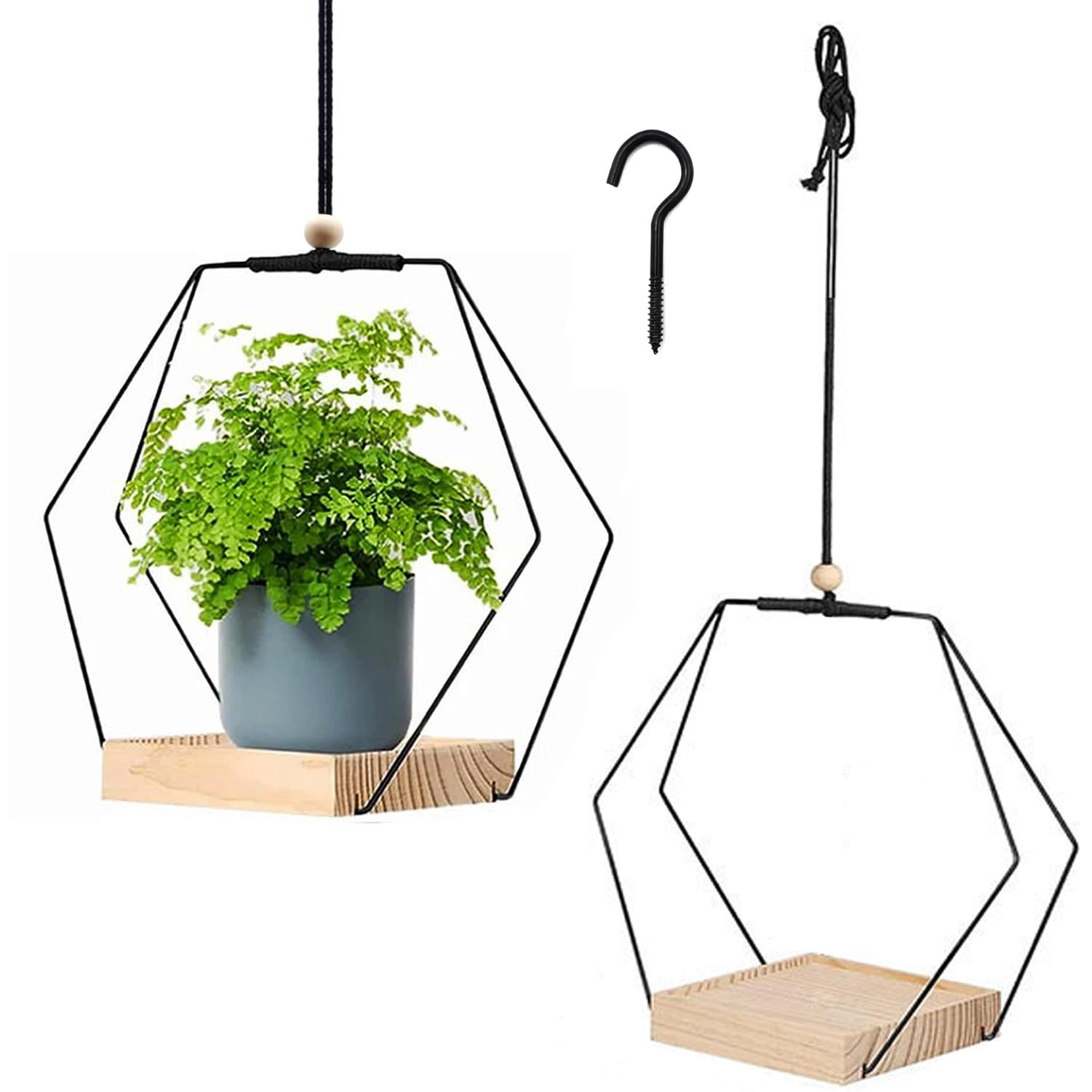 SEAHUI Ceiling Hanging Plant Pot Holder with Wooden Base, Hanging Plant Basket Holder with Hooks Plant Pot Hangers for Indoor Outdoor Home Decoration (Hexagonal)