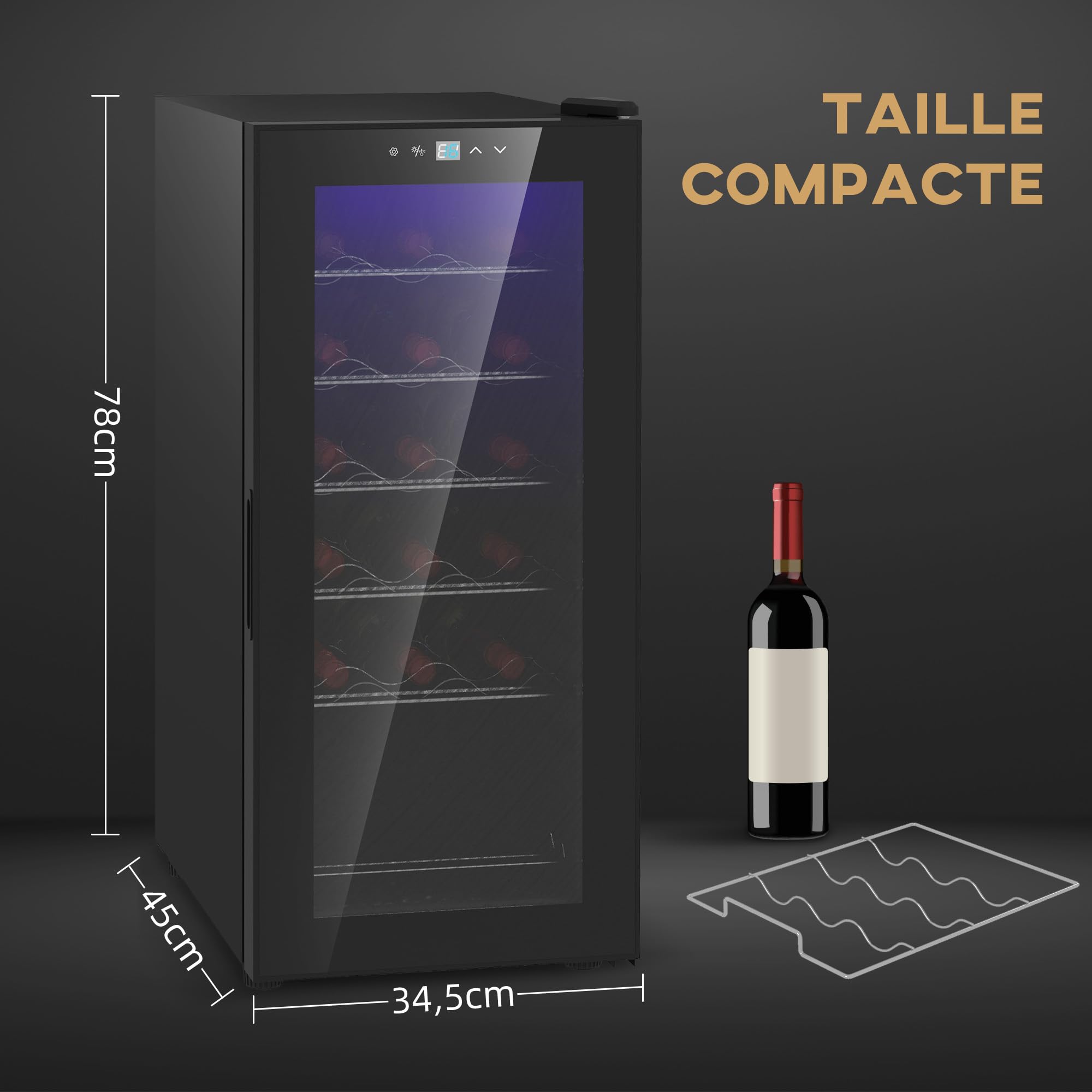 HOMCOM Cave à Vin 18 Bouteilles 50L, Réfrigérateur à Vin Silencieux, Porte en Verre, Étagères Réglables, Éclairage LED, Écran Tactile, Contrôle Température 5-18°C, Noir