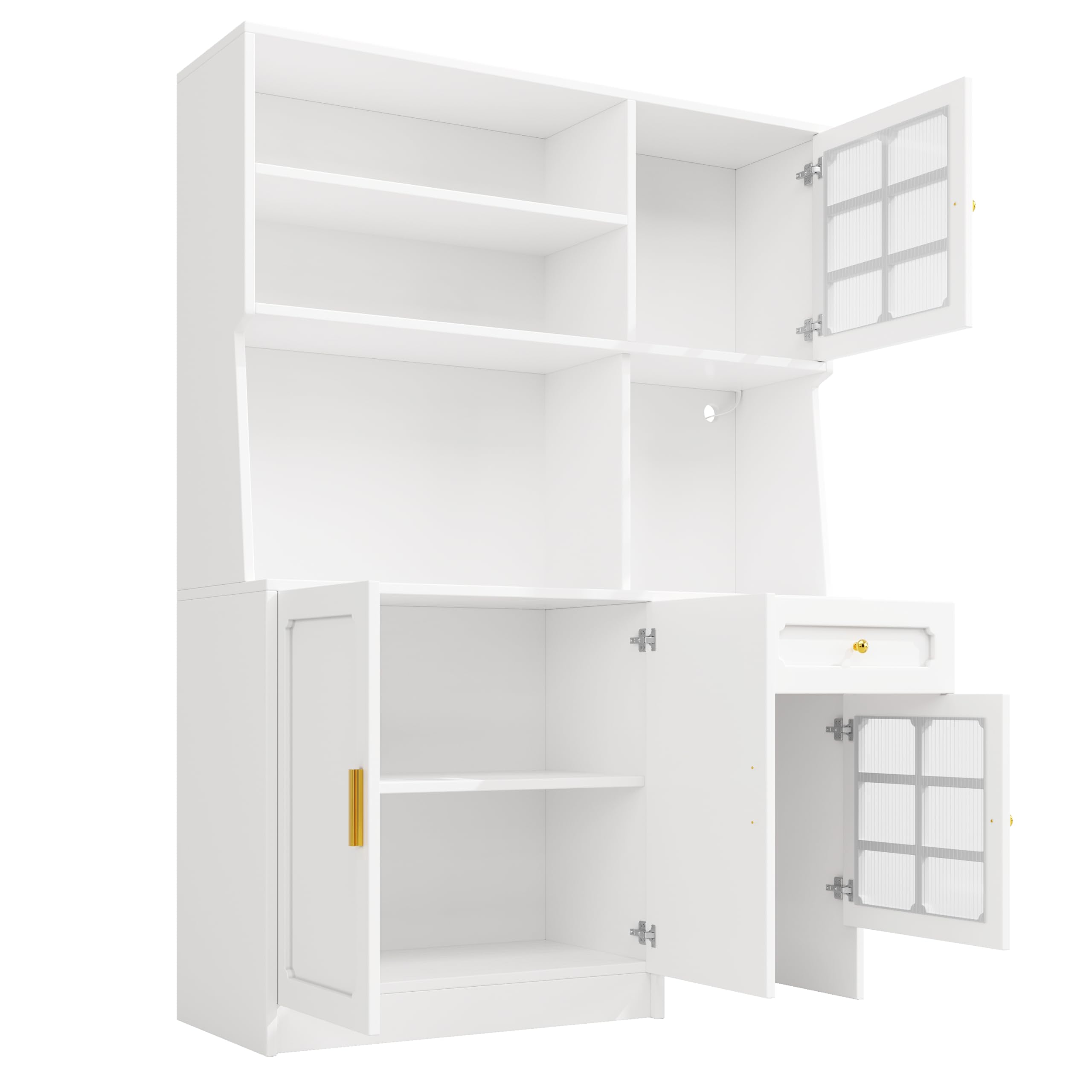 Armadio da cucina con piano di lavoro e illuminazione a LED, credenza con ante in vetro, credenza con cassetti, 130 x 45 x 180 cm (bianco)