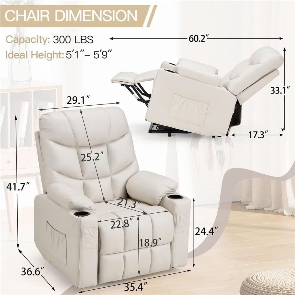 Power Lift Recliner Chair for Elderly Electric Lounge Seat with Heated Vibration Massage Heavy Duty Sofa with Side Pockets USB Charging Port Cup Holders Comfortable Cream