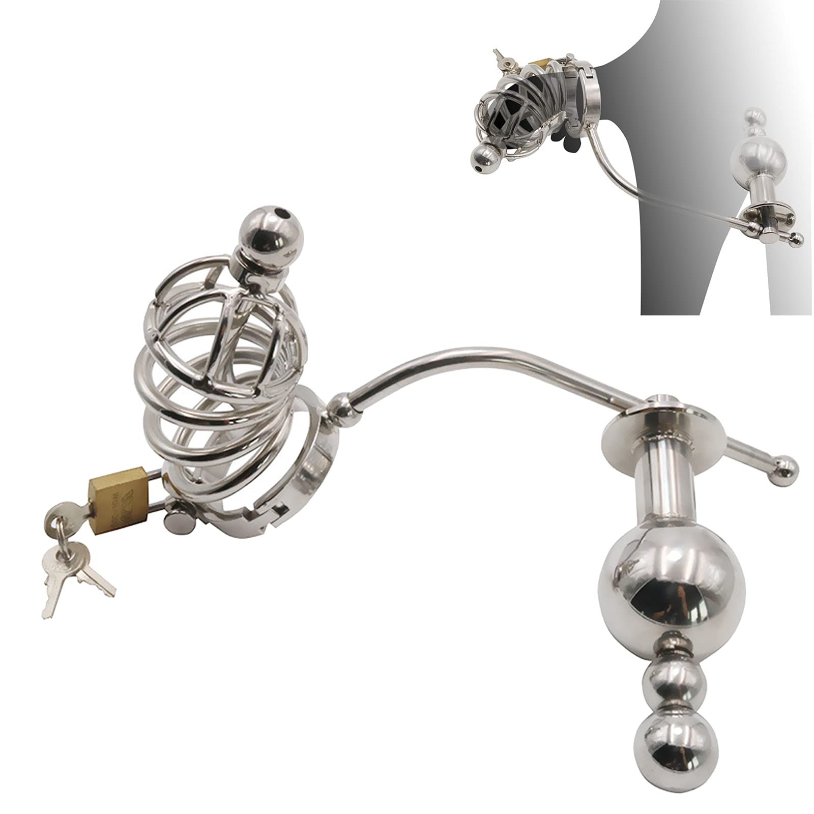 Gabbia per pene Cintura di castità con catetere e plug anale Sfere anali Castità in metallo Gabbia di castità Butt Plug Gabbia per cazzi con plug per pene Gancio anale(Ø38.1mm)