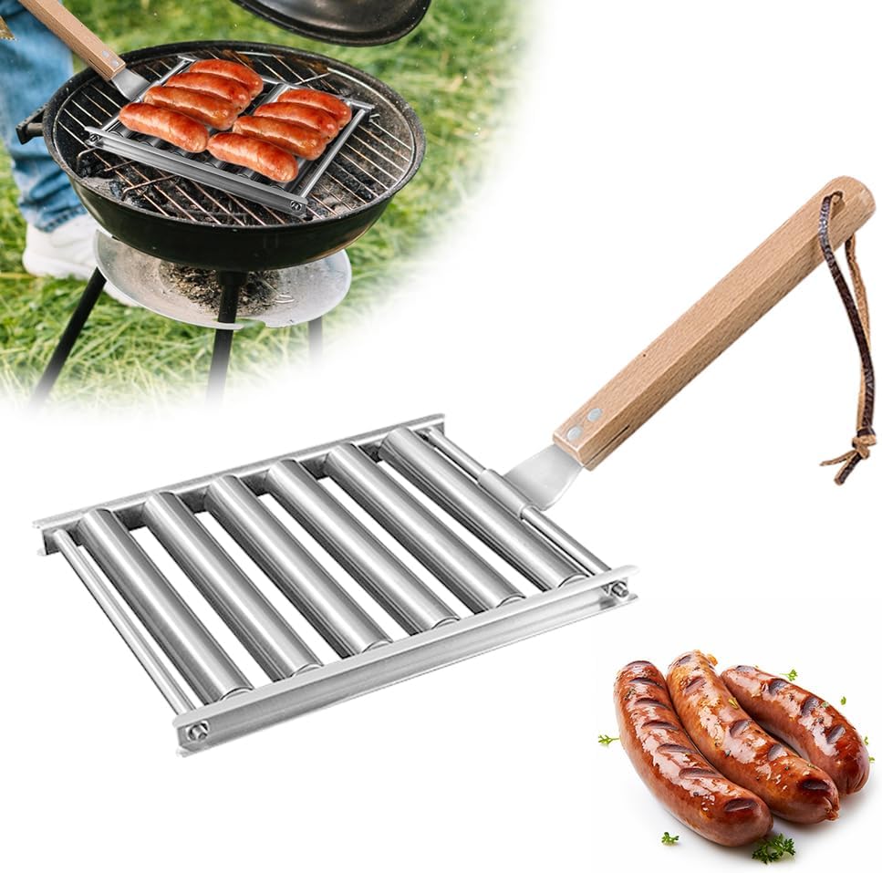 AIIONP Hot Dog Roller for Grill, Hot Dog Roller Grill, Hotdog Roller Stainless Steel Sausage Roller Rack with Extra Long Wood Handle, Hot Dog Griller Roller for Outdoor Camping BBQ (2, Large)