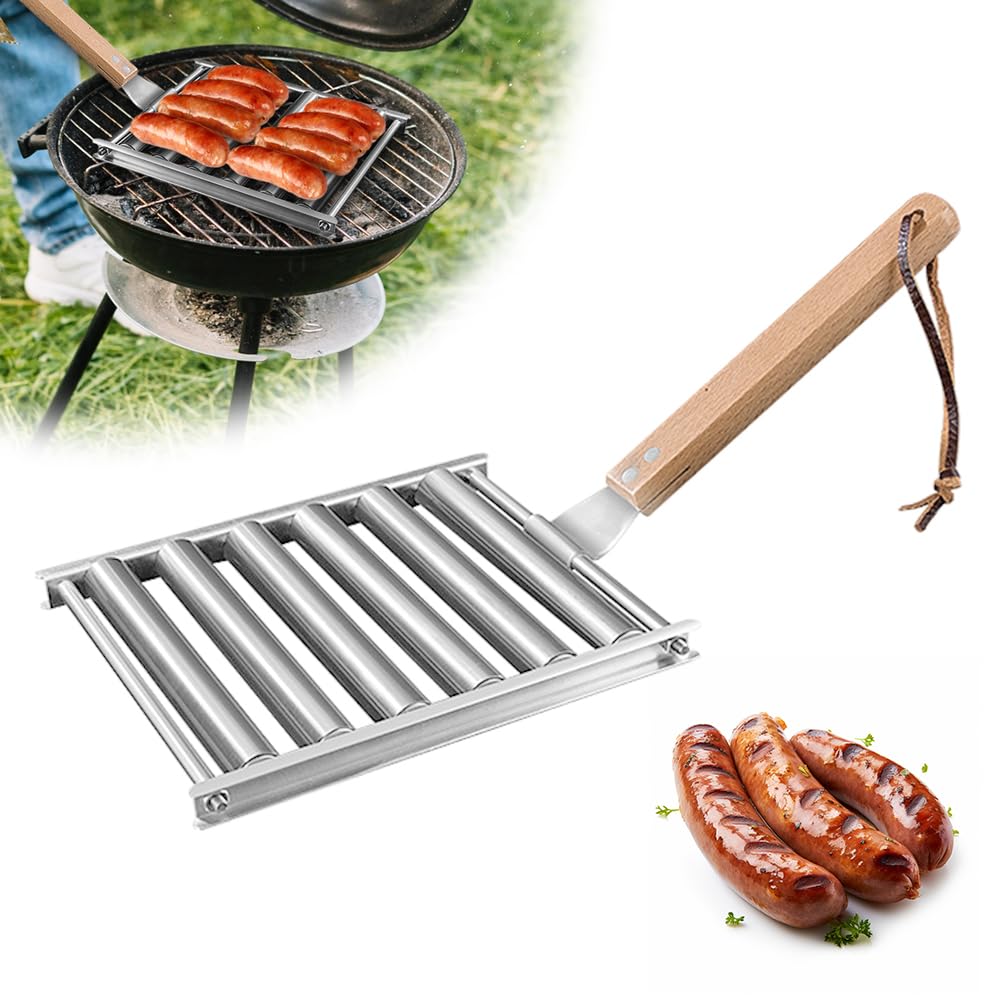 2024 Grill-Hotdog-Roller aus Edelstahl mit Holzgriff für gleichmäßig gekochte Hot Dogs, Outdoor-Camping, unverzichtbar (Silber, groß)