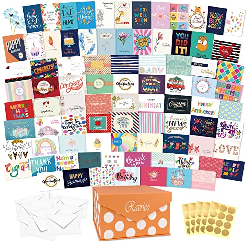 Racrico 100 All Occasion Greeting Cards Assortment Box, Assorted Cards With Envelopes In A Sturdy Organizer Box. Birthday,Sympathy,Thinking Of You, Thank You, 4 X 6 Inch Blank Variety Cards With Envelopes For All Occasion