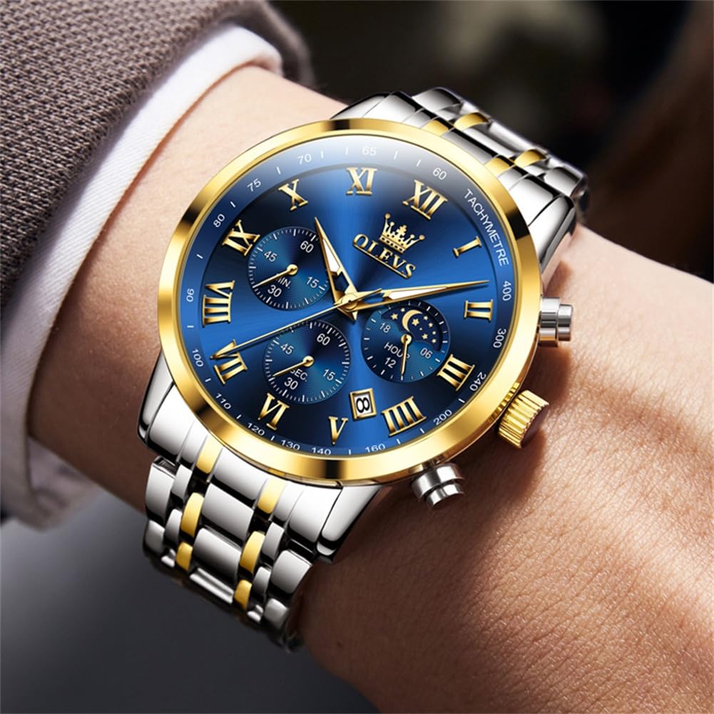 Orologio Uomo Cronografo e Fase Lunare in Acciaio Inossidabile | Orologio analogico al quarzo, impermeabile fino a 3 ATM, dal design elegante e classico, disponibile in bianco, nero e blu