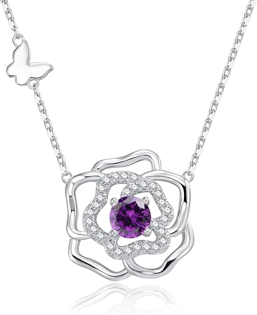925 Sterling Silver March Birthstone Necklace for Women Created Aquamarine Gemstone Flower Camellia Jewellery Birthday Anniversary Jewellery Gifts for Women Girls, Adjustable Chain
